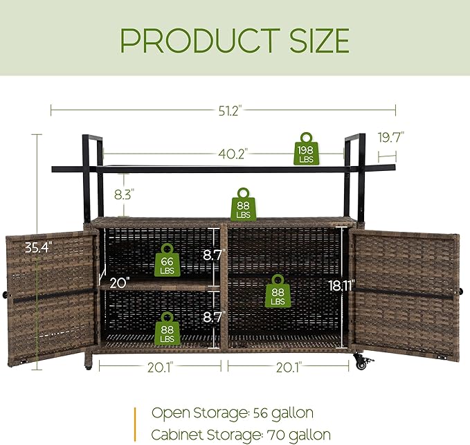 Wicker Outdoor Bar Cart - Brown Patio Console Storage Table Buffet Cabinet Serving Kitchen Cart with Wheels for Outside Backyard-Ruum Studio Home