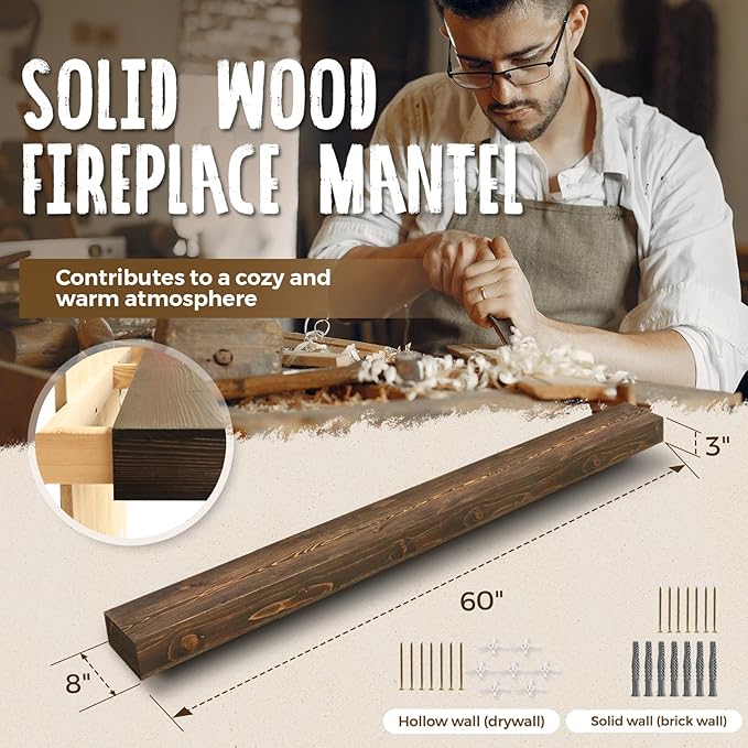 60x8x3 Fireplace Mantel - Handcrafted Hollow Rustic Solid Wood Wall Mounted Floating Shelf with Invisible Heavy Duty Wood Bracket (Weathered Brown)-Ruum Studio Home