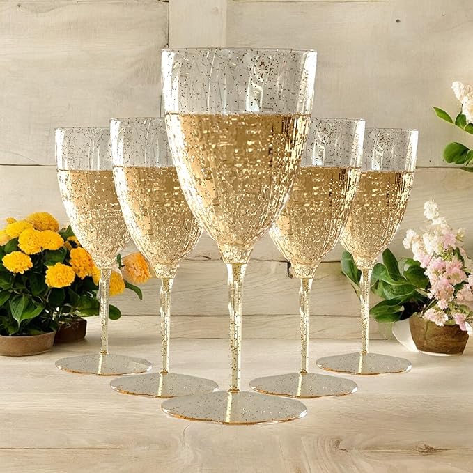 Oojami Elegant Plastic Champagne Flutes - 32 PCS, 7.8oz Disposable & Reusable Wine Glasses - Perfect for Home, Parties, Weddings, Birthdays & Celebrations (32, Gold Glitter)-Ruum Studio Home