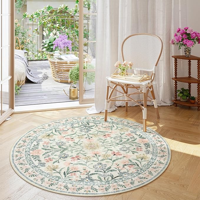 Wonnitar Floral Round Rugs 6ft, Boho Large Machine Washable Circle Rug, Low Pile Soft Flower Botanical Print Beige Round Carpet for Living Room Bedroom Dorm Sunroom-Ruum Studio Home