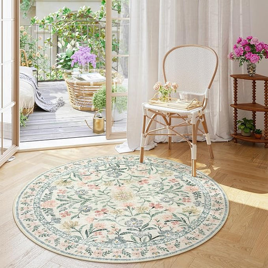 Wonnitar Floral Round Rugs 6ft, Boho Large Machine Washable Circle Rug, Low Pile Soft Flower Botanical Print Beige Round Carpet for Living Room Bedroom Dorm Sunroom-Ruum Studio Home