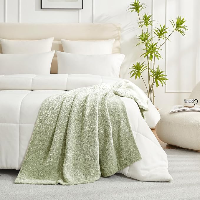 Snuggle Sac Sage Green Throw Blanket for Couch, Reversible Super Soft Warm Blankets Cozy Knit Blanket Fuzzy Plush Lightweight Throws for Sofa, Bed, Picnic, Ombre Sage Green, 50 x 60 inches-Ruum Studio Home