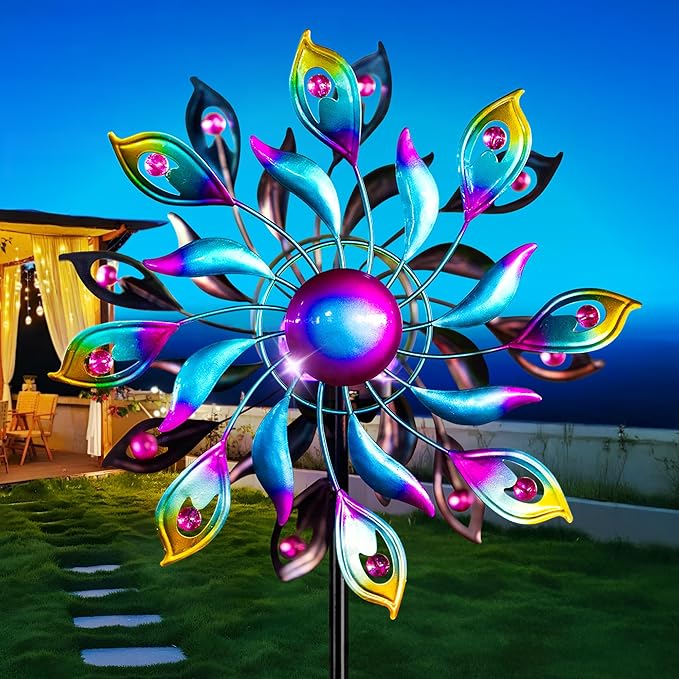 51.9" Peacock Solar Wind Spinner Outdoor Decor – Waterproof LED Lighted Garden Art with Adjustable Metal Pole, IP65 Weather Resistant for Yard, Patio-Ruum Studio Home