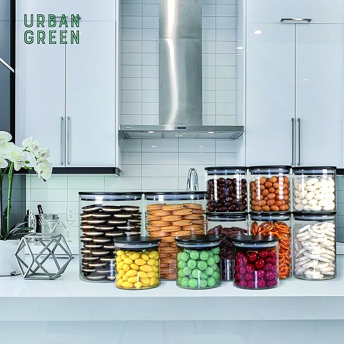 Urban Green Glass Jars with Black Bamboo Lids, Food Storage Containers with Airtight Black Lids, Glass Kitchen Canisters Sets (3 pack of 20oz + 3 pack of 30oz)-Ruum Studio Home