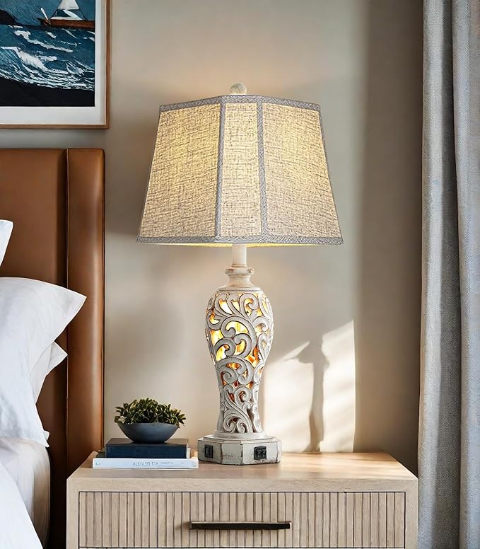 Set of 2 Rustic Table Lamps for Living Room Bedroom, Farmhouse Vintage Nightstand Lamp with 2 USB Ports, Hollow Out Resin Lamp for End Table with Nightlight, Bulbs Included (Wash White)-Ruum Studio Home