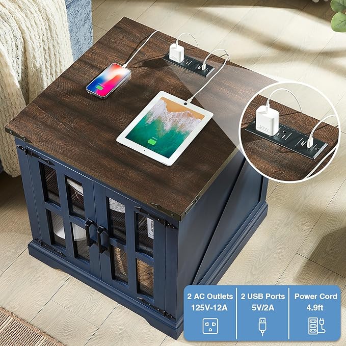 Farmhouse End Table with Charging Station,24" Large Sofa Side Table with Glass Barn Door, Rustic Wood Nightstand Bedside Table with Adjustable Storage Shelf for Living Room, Bedroom, Blue-Ruum Studio Home