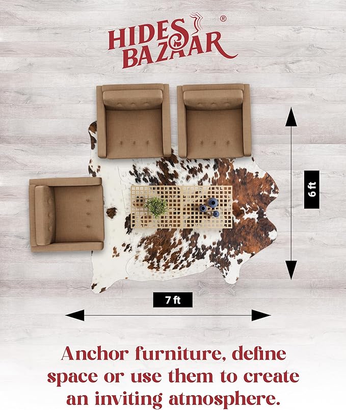 Light Tricolor Cowhide Rug Premium Cowhides Leather with Mixed White, Brown & Black Color Pattern - Natural Cowhide Rug for Office & Home Decor - Cow Hide Rugs 6x6-7 ft-Ruum Studio Home