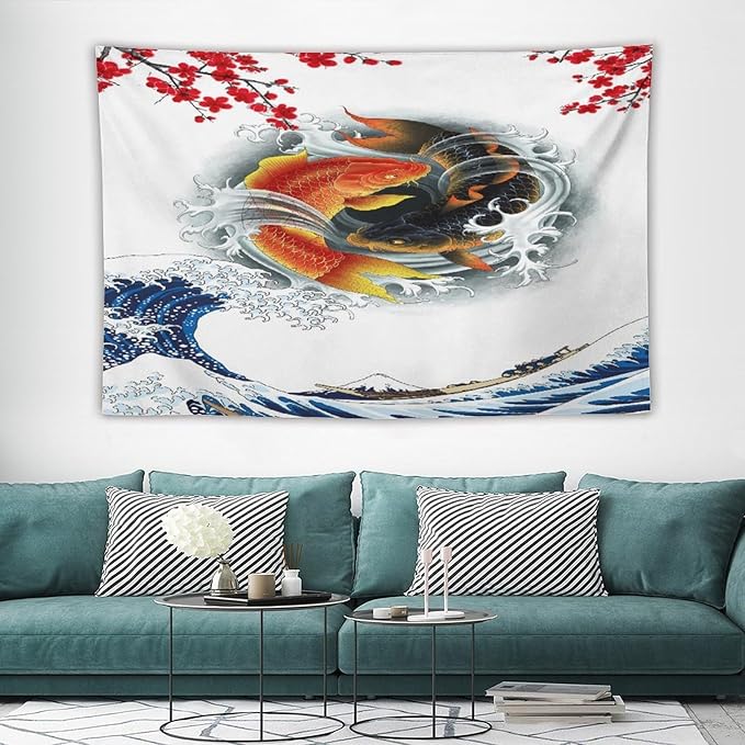 Houselerax Koi Fish Tapestry, Japanese Style Yin Yang Big Wave Cherry Blossoms Tapestries Wall Hanging for Bedroom Living Room Office Decor 60"x40"-Ruum Studio Home