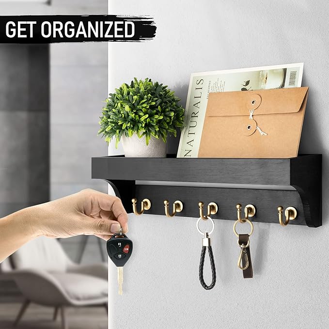Rebee Vision Key Holder for Wall with Shelf : Decorative Key Organizer with 5 Rustic Keys Hooks and Primitive Wood Mail Organizer Wall Mount - Entryway Décor (Black)-Ruum Studio Home