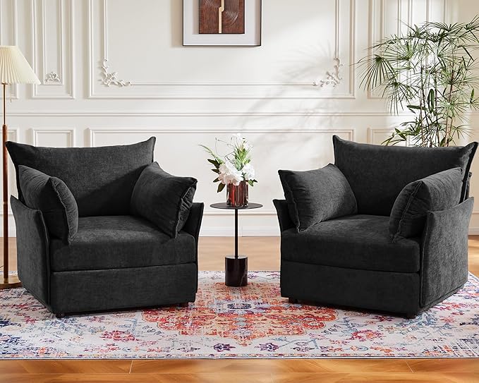 Oversized Accent Chair, Upholstered Modern Sofa Chair with Removable Backrest & Detachable Cover, 24.5" Deep Seat Large Reading Armchair for Living Room Bedroom Office - Chenille Black Set of 2-Ruum Studio Home