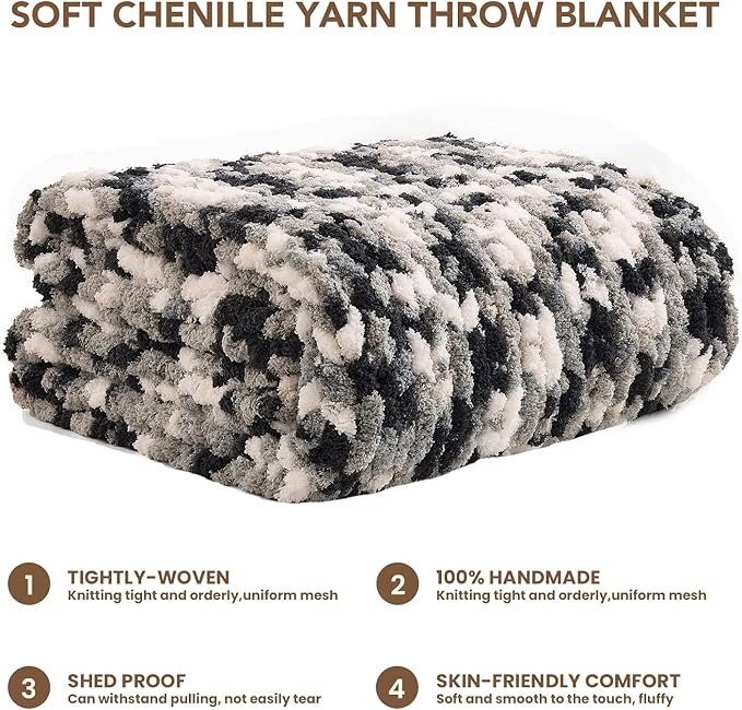 L'AGRATY Chunky Knit Blanket Throw: 50''x60'' Chenille Chunky Knitted Throw Blankets for Bed Couch - Handmade Thick Cable Knit Blanket - Large Crochet Rope Blankets for Home Decor-Ruum Studio Home