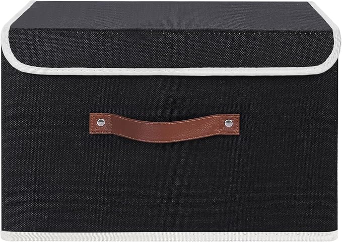 ANMINY 2PCS Storage Bins with Lid PU Leather Handles Storage Boxes PP Plastic Board Decorative Foldable Lidded Cotton Linen Fabric Home Cubes Baskets Closet Organizer Containers - Black, Large Size-Ruum Studio Home