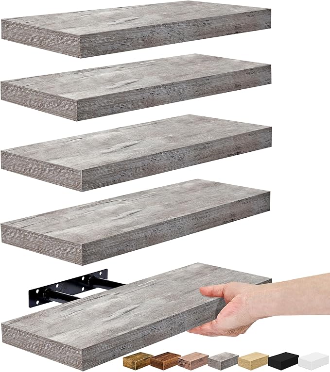 Sorbus Floating Shelves for Wall, Bathroom Shelves Wall Mounted for Kitchen, Bedroom, Living Room, Bathroom Storage, Over Toilet, Hanging Book Shelf for Ｗall Home Decor (Gray, 5 Pack)-Ruum Studio Home