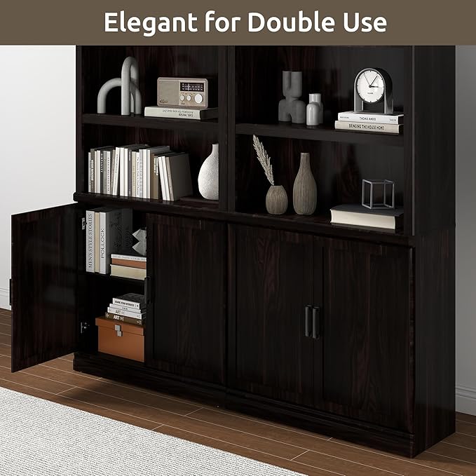 70 Inch Tall Bookcase with Doors, Library Office Bookshelf with Adjustable Shelves, Floor Standing Storage Cabinet for Bedroom Living Room Organizer with Anti Tipping Kit, Dark Cherry Finish-Ruum Studio Home