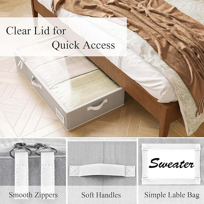 Under Bed Storage Containers, 2-Pack Underbed Storage Box, Collapsible Clothes Storage Bins with Handles and Lid, Large Under Bed Organizers for Shoe, Blanket, Pillow, Sheet, Gray-Ruum Studio Home