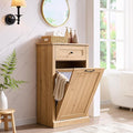 Tilt Out Laundry Hamper Cabinet, 10 Gallon Farmhouse Trash Can Cabinet with Drawer, Hidden Wood Garbage Can Bin Cabinets with Laundry Storage Basket for Bathroom, Kitchen, Natural-Ruum Studio Home