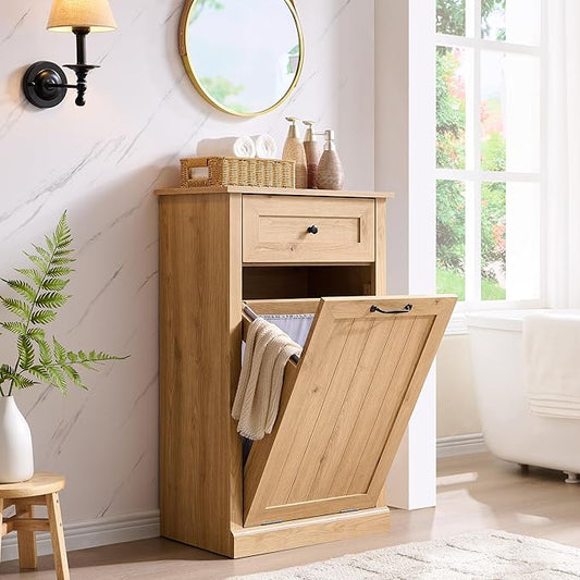 Tilt Out Laundry Hamper Cabinet, 10 Gallon Farmhouse Trash Can Cabinet with Drawer, Hidden Wood Garbage Can Bin Cabinets with Laundry Storage Basket for Bathroom, Kitchen, Natural-Ruum Studio Home