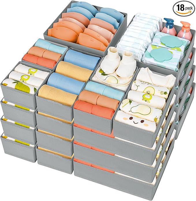DIMJ Drawer Organizer Clothes 18 Pack - Foldable Baby Organizers and Storage & Dresser Organizer for Bedroom, Closet - Nursery Organization Dresser Dividers for underwear, Sock,Bra, Belt, Tie, Gray-Ruum Studio Home