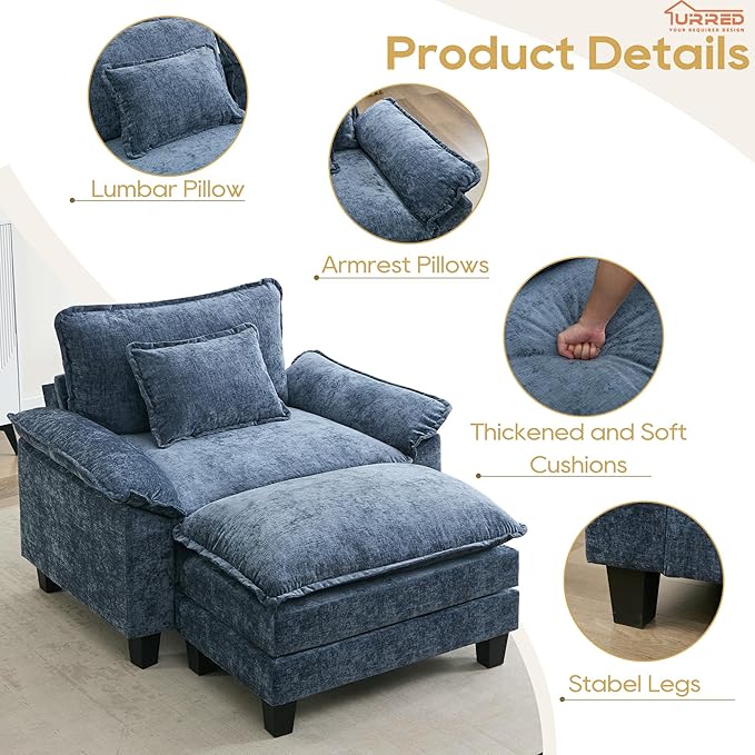 URRED Modular Sectional Sofa Comfy Cloud Couch, Modern Chenille Sofa Sleeper Deep Seat Couches with Ottoman/Pillows for Living Room (Blue, 53''- Ottoman)-Ruum Studio Home
