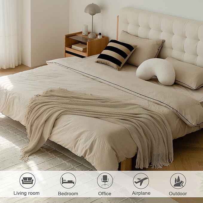 lifein Throw Blanket for Couch, Soft Boho Decor Bed Throw,Cozy Beige Knitted Chenille Small Farmhouse Lightweight Throw for Spring(Beige,50 * 60")-Ruum Studio Home