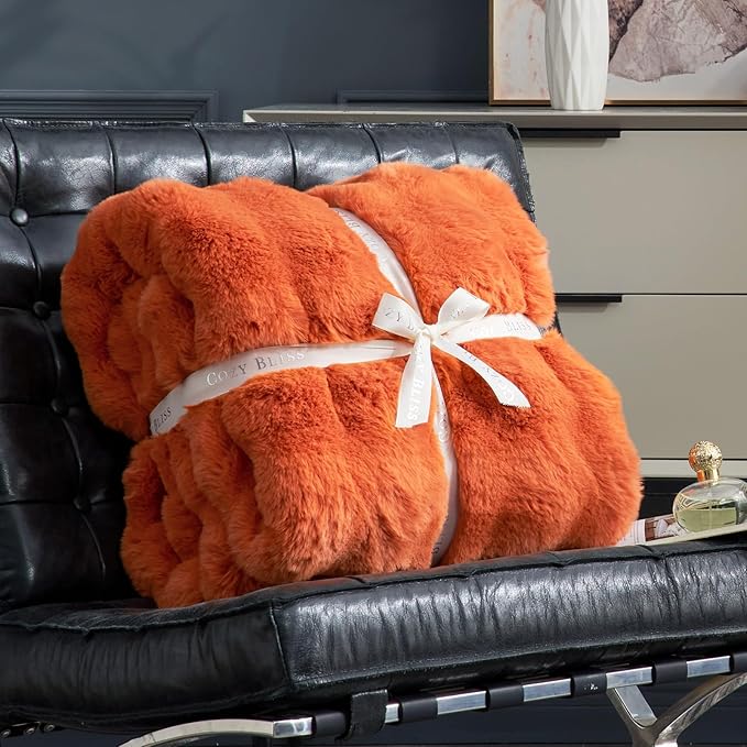Cozy Bliss Faux Fur Throw Blanket for Couch, Fuzzy Soft Plush Thick Bubble Blanket for Sofa Bedroom Living Room, 60 * 80 Inches Burnt Orange-Ruum Studio Home