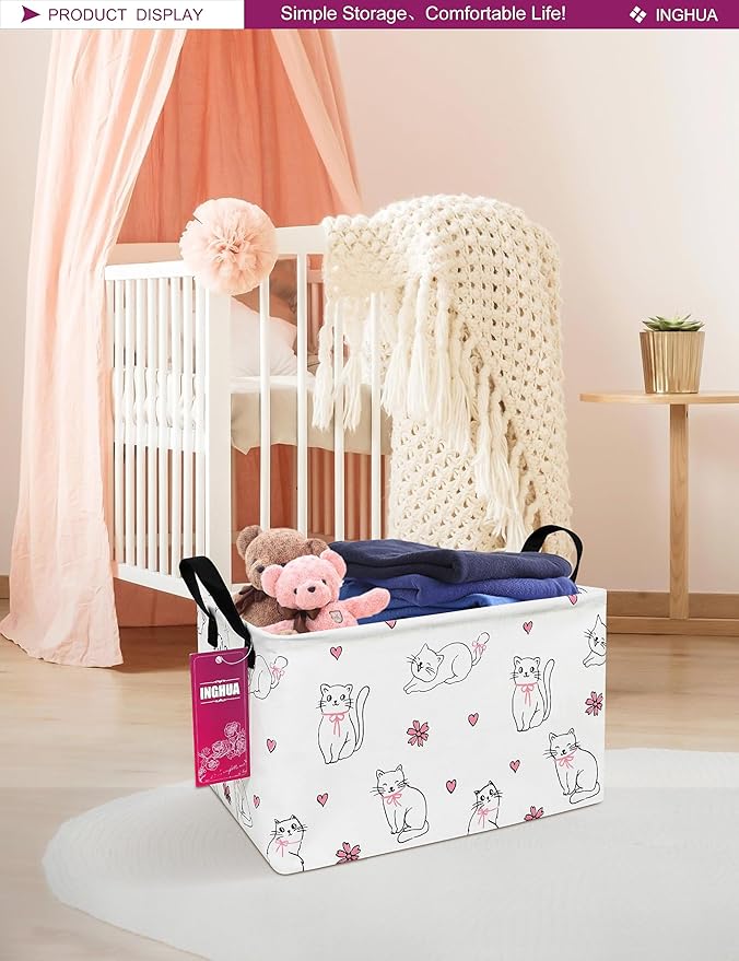Rectangular Storage Basket Fabric Organizer Bin for Toys,Books,Clothes,Gifts,Pets-Perfect for Home,Office,Nursery,Dorm,Shelf(Rec-Love cat )-Ruum Studio Home