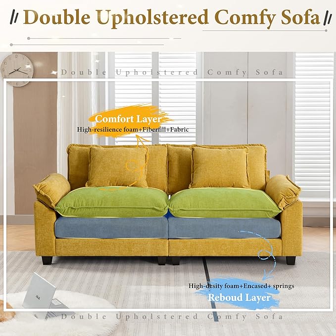 URRED Modular Sectional Sofa Comfy Cloud Couch, Modern Chenille Loveseat Sofa Sleeper Deep Seat Couches with Pillows for Living Room (Yellow, 82.6'')-Ruum Studio Home