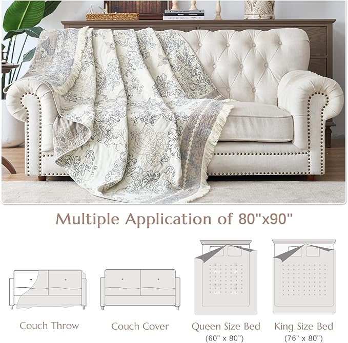 jinchan Boho Floral 100% Cotton Blanket 4-Layer Throw Blanket with Tassel Grey and White Flower Butterfly Soft Luxury Rustic Farmhouse Decor Blanket for Couch Bed 80x90 inch All Season Gift for Women-Ruum Studio Home
