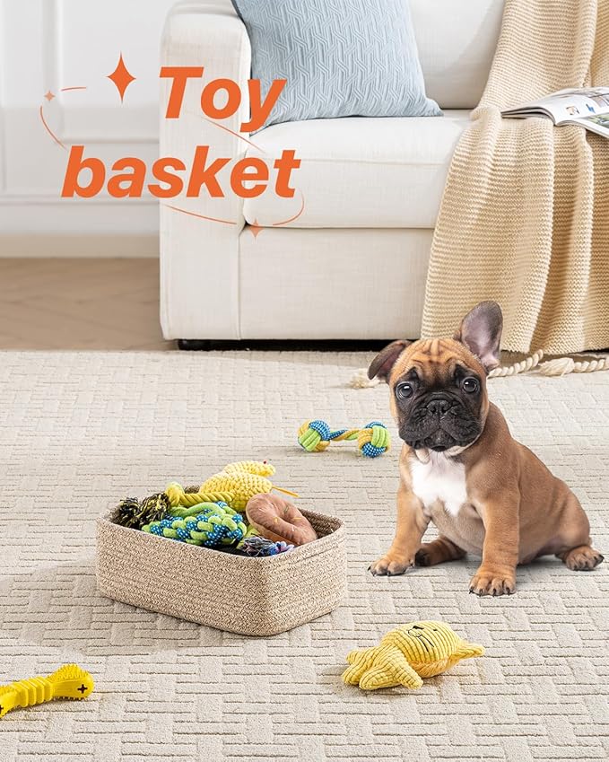 Small Woven Basket, 12 x 8 x 4.5 Inches, Storage Basket for Organizing, Cute Small Rope Shelf Closet Cube Storage Bins Baskets for Shelves, Dog Toy Gift Baskets Empty, 3 Packs, Mixed Brown-Ruum Studio Home
