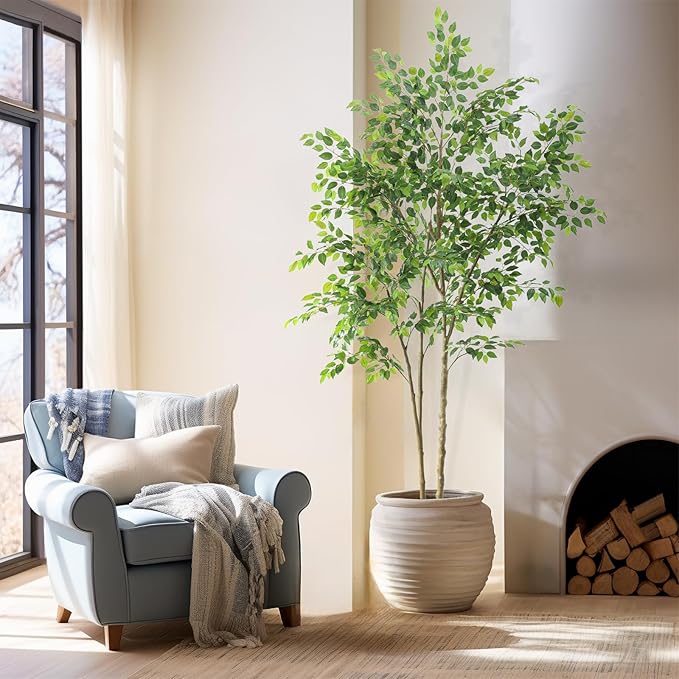 Tall UV Resistant Ficus Tree Artificial，8ft(96in) Realistic Texture Potted Faux Ficus Tree， Fake Trees Indoor Outdoor for Home Office Living Room Bedroom Foyer Porch Decor.-Ruum Studio Home