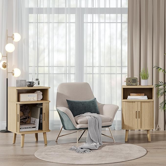 Alohappy Fluted End Table Set of 2, Mid Century Modern Nightstands with Sliding Tambour Door, Curved Round Edge Wood Bedside Table for Bedroom, Side Tables with Storage for Living Room, Natural Oak-Ruum Studio Home