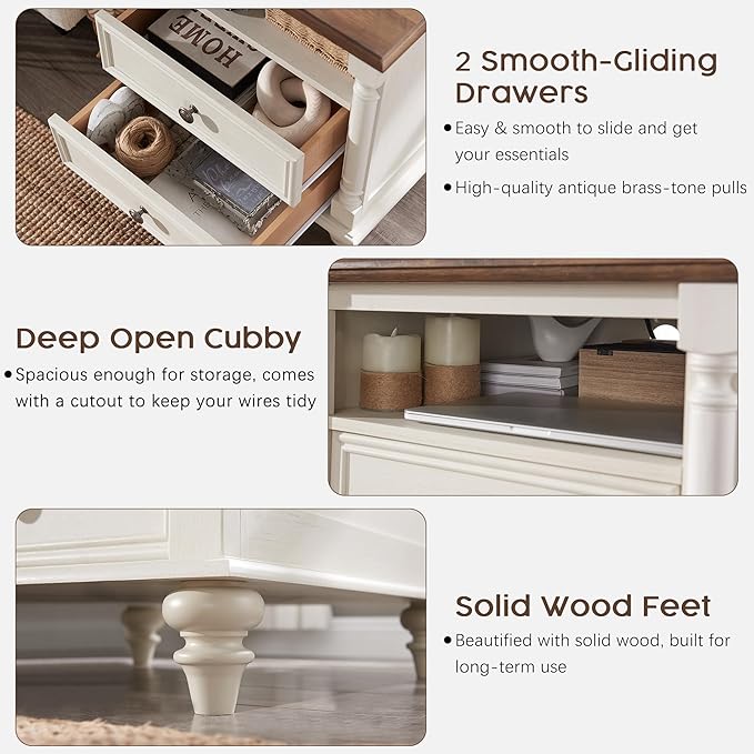 T4TREAM 24'' Farmhouse End Table w/4 Solid Wood Feet, Large 2 Drawers Wide Sofa Side Table with Charging Station, Tall Rustic Wood Square Nightstand for Living Room, Bedroom, Office, Antique White-Ruum Studio Home