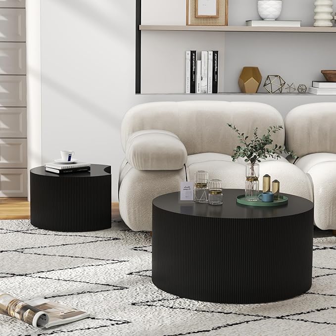Round Coffee Table Set of 2, Modern Wooden Nesting Coffee Tables for Living Room, No Assembly Required Circle Side Table Set Accent Furniture for Bedroom, Balcony,Office, Black-Ruum Studio Home