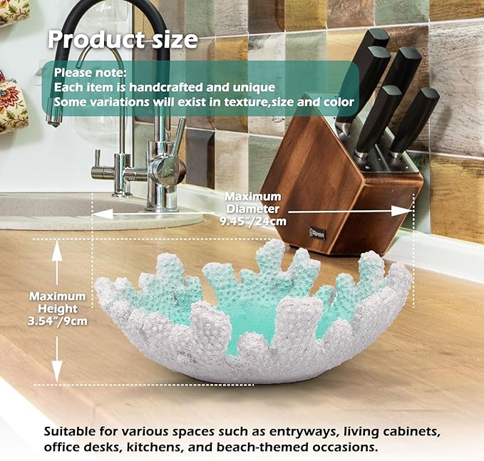 Turquoise Coral Textured Decorative Bowl,9.45" Medium Resin Decorative Centerpiece Bowl for Coastal Beach theme house table centerpiece decorations & Nautical decorations for coffee table-Ruum Studio Home