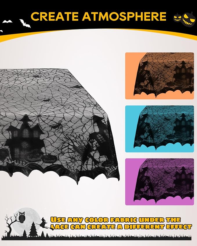 eZAKKA Halloween Table Cloth with 16 Pcs Bats Wall Decor, Spider Web Table Cloth Black Tablecloth Lace Fabric Table Cloths for Rectangle for Parties Gothic Spooky Home Decorations, 53x68 Inch-Ruum Studio Home