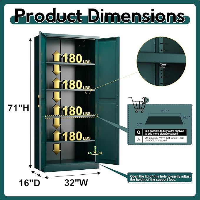 71" Storage Cabinet, Metal Pantry Cabinet, Kitchen Pantry Storage Cabinets with Doors and 4 Shelves, Cabinets for Laundry Room, Living Room, Dinning Room, Assembly Required, Green-Ruum Studio Home