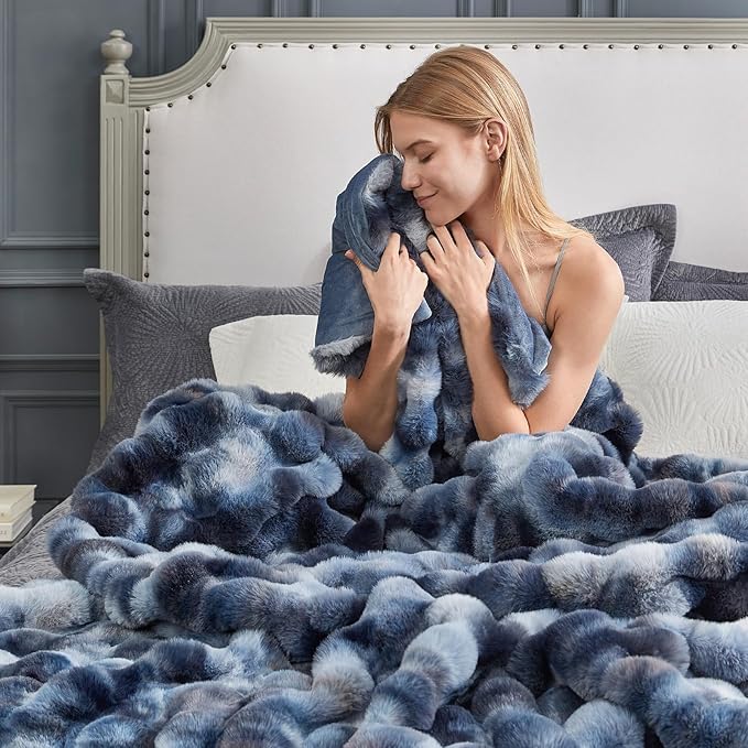 Cozy Bliss Faux Fur Throw Blanket for Couch, Fuzzy Soft Plush Thick Bubble Blanket for Sofa Bedroom Living Room, 90 * 90 Inches Tie Dye Blue-Ruum Studio Home
