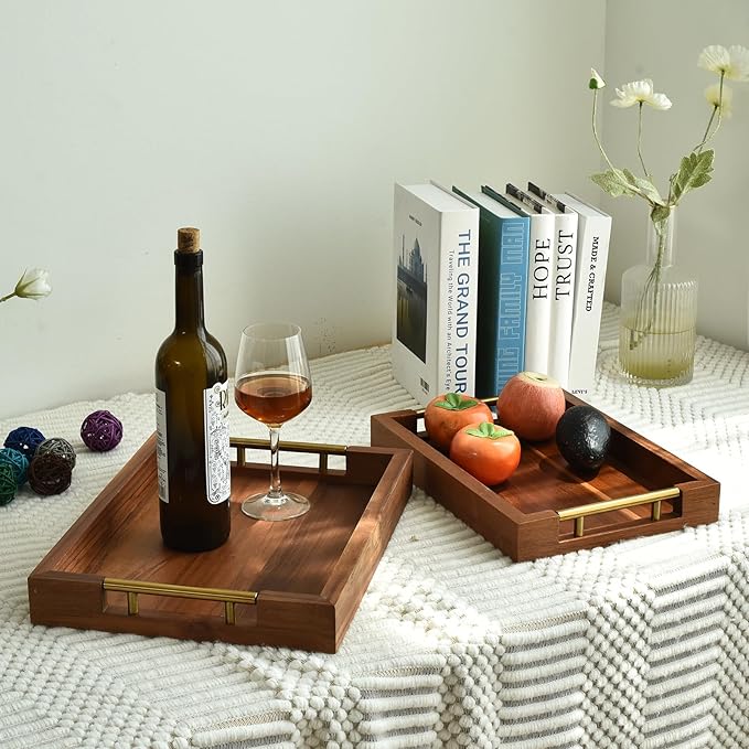 Set of 2 Acacia Wood Serving Trays with Gold Metal Handles for Food Serving, Appetizers & Snacks - Ideal for Bed, TV, Ottoman or Coffee Table Décor, Home Decoration Accessory 15.75x11.8 Inch-Ruum Studio Home