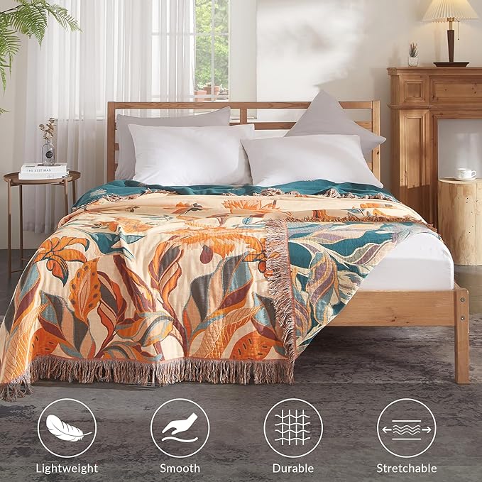 Boho Throw Blanket for Couch Sofa Bed, 100% Cotton Woven Quilt with Tassel 80”x90”, Super Soft Muslin Blanket with Floral Printed, Decorative Reversible Bed Blanket/Cover for All Seasons-Ruum Studio Home