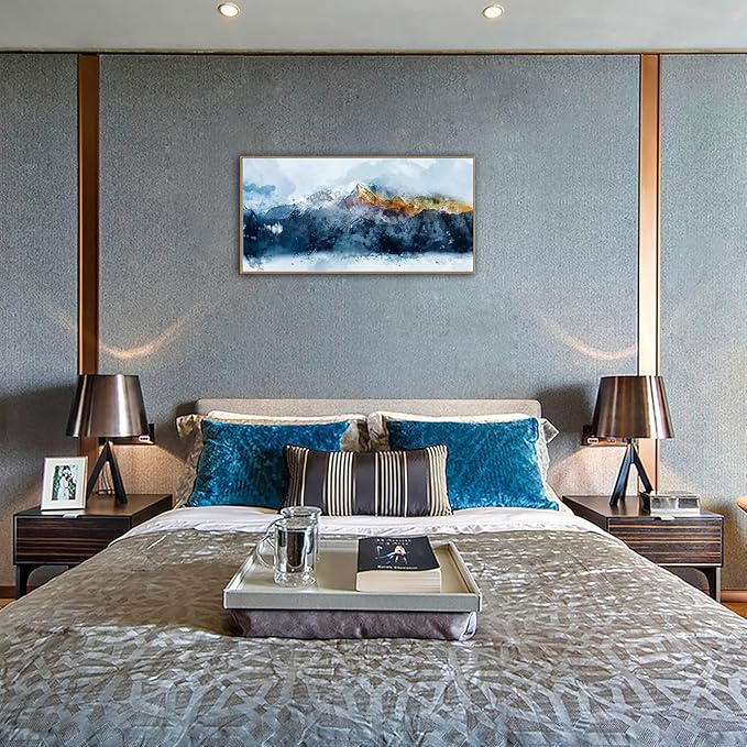 Framed Canvas Wall Art Indigo Abstract Mountain Pictures Wall Decor Blue Grey Orange Mountain Peaks Canvas Painting Prints Modern Abstract Artwork for Living Room Bedroom Decoration 24" x 48"-Ruum Studio Home