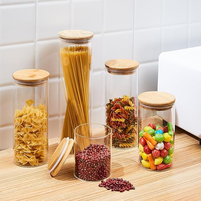 Glass Food Storage Jars, Glass Jars with Bamboo Lids, Kitchen Storage Jars, Canisters with Airtight Lids for Spice, Coffee, Cookie, Set of 7, Pantry Organizers-Ruum Studio Home