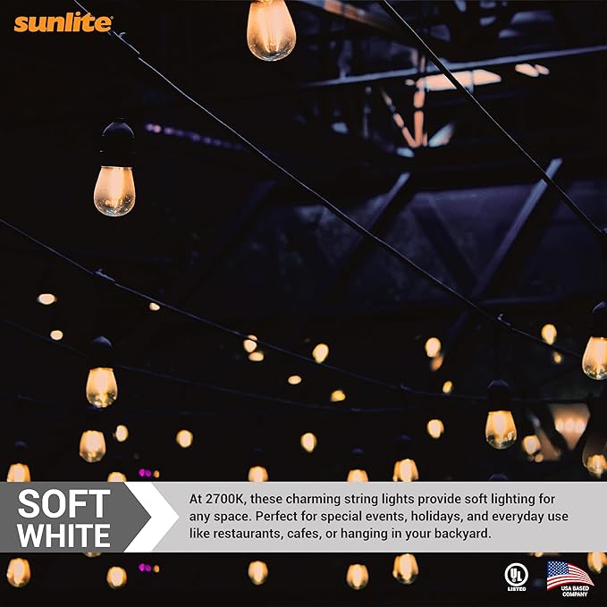 Sunlite 48ft Outdoor String Lights, 1.5W Commercial Grade, Waterproof, Linkable Strands, UL Listed, 15 Hanging Sockets, Shatterproof LED Edison Bulbs Included, 2700K Soft White-Ruum Studio Home