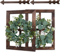 Rustic Wood Window Frame with Green Wreath and Arrows Wall Decor，Farmhouse Window Frame Hanging Decor,Wooden Fake Decoration,Window Pane Wall Decor,Set of 2 (Brown)-Ruum Studio Home