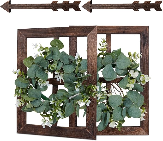 Rustic Wood Window Frame with Green Wreath and Arrows Wall Decor，Farmhouse Window Frame Hanging Decor,Wooden Fake Decoration,Window Pane Wall Decor,Set of 2 (Brown)-Ruum Studio Home