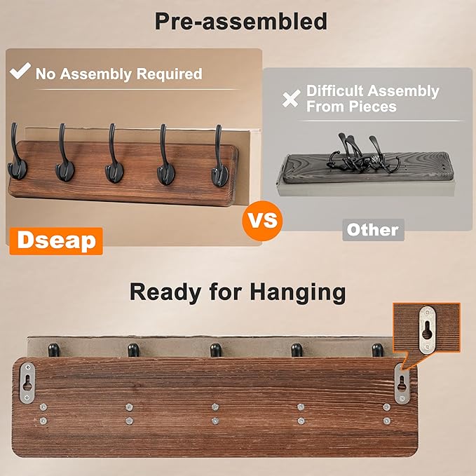 Dseap Coat Rack Wall: Patented, Heavy-Duty, 17.4" Long 5-Double-Hooks Wooden Wall Mounted Coat Rack Coat Hanger Hook Rail for Winter Coats Hat Jacket Clothing, Weathered Brown-Ruum Studio Home