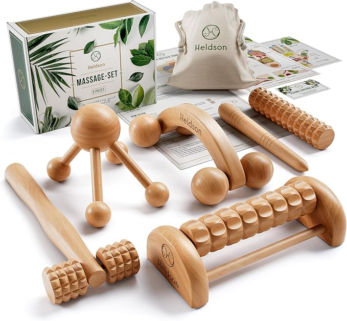 HELDSON® Wooden Therapy Massage Tools [6 Pieces] - Wood Rollers for Body Sculpting - Lymphatic Drainage Massager - Cellulite Tool - Maderoterapia Kit - Back Rolling Stick - Wellness Gifts Women, Men-Ruum Studio Home