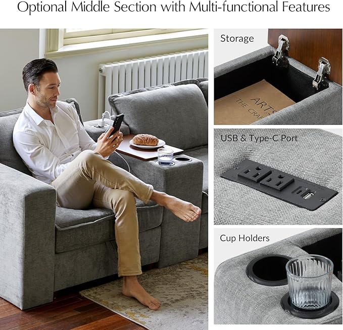HULALA HOME 88" Loveseat Sofa with USB Port and Console, Oversized 2 Seater Sofa with Storage Ottoman, Comfy Upholstered Loveseat Couch for Living Room Bedroom, FSC Certified, Grey-Ruum Studio Home