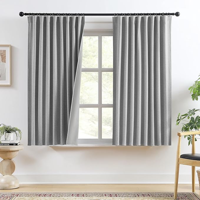 RAIN CITY Grey Linen Blackout Curtains 63 Inches Long,100% Light Blocking Textured Curtains for Bedroom Thermal Back Tab Rod Pocket Curtains 2 Panels with Hooks 50 x 63-Ruum Studio Home