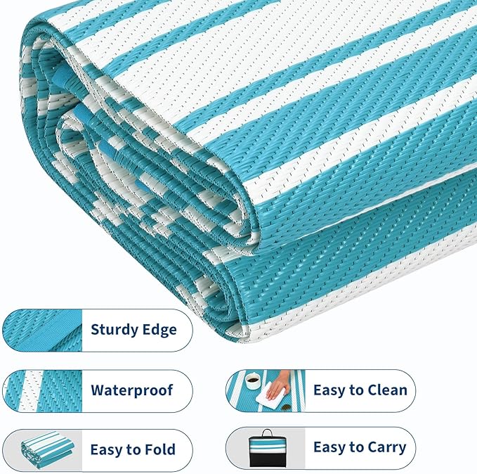 Waterproof Outdoor Rug 8x10 Contemporary Reversible Plastic Straw Rug, Easy Cleaning Striped Patio Carpet, UV-Resistant Indoor Outdoor Floor Cover for RV, Porch, Deck, Backyard, Light Blue-Ruum Studio Home