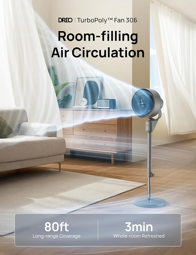 Dreo Fan for Bedroom, 80° Oscillating Standing Fan, 25dB Quiet, 80ft Pedestal Fans for Home Office, 90° Manual Vertical, 3 Speeds, Remote, 34-41" Adjustable Height, Air Circulator-Ruum Studio Home